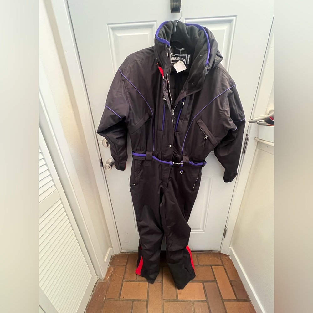 Vintage Obermeyer Black Ski Suit with Red and Purple Accents